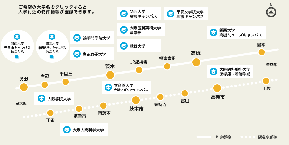大学名で探す 北摂エリア路線図